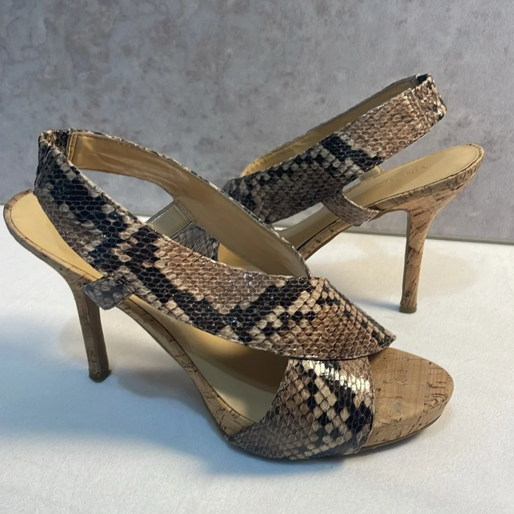 NINE WEST Snakeskin Cork Bottom 4” Heels Crossover Straps Sandals Classic 8.5M‎